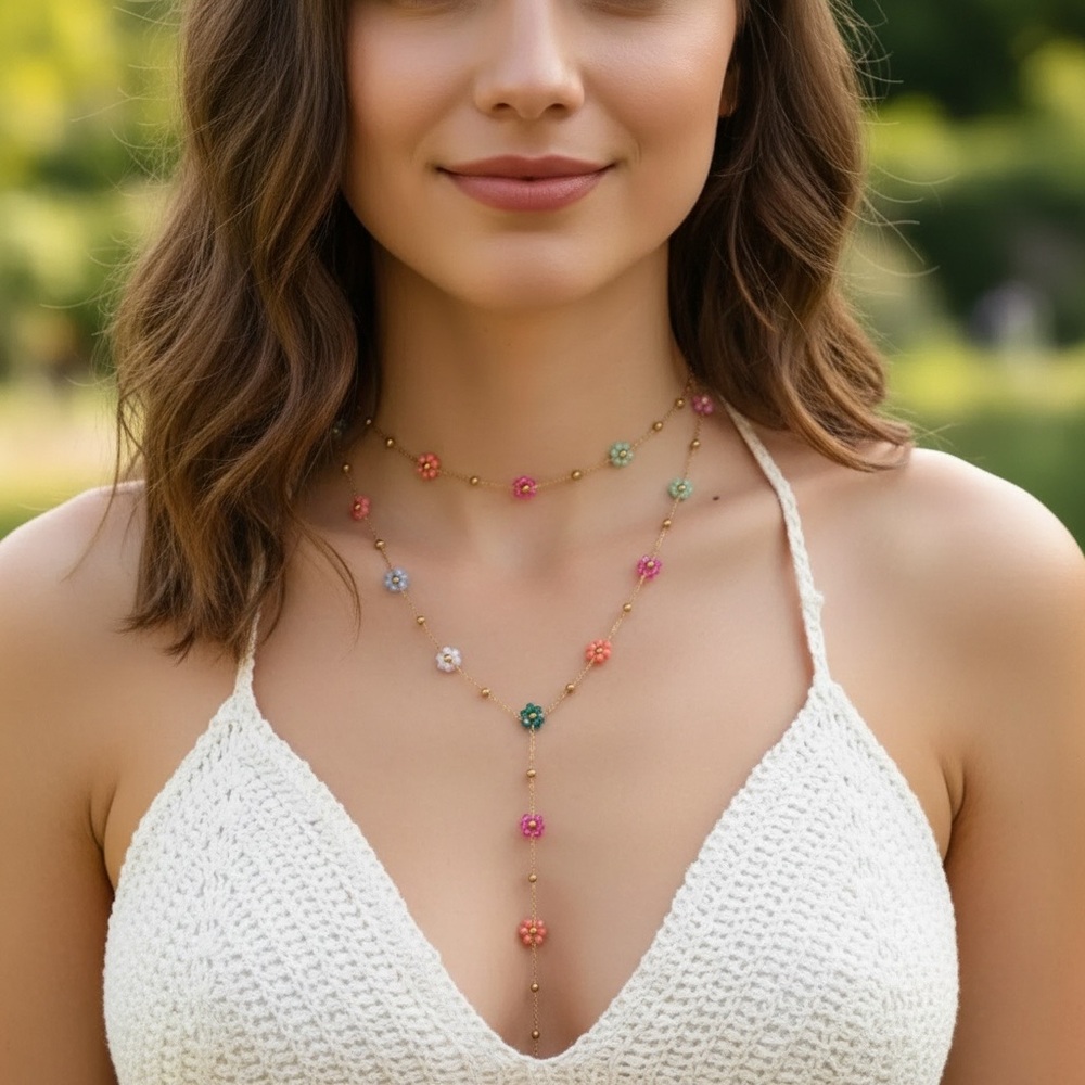 18k Gold-Plated Multicolour Floral Y Necklace for Women